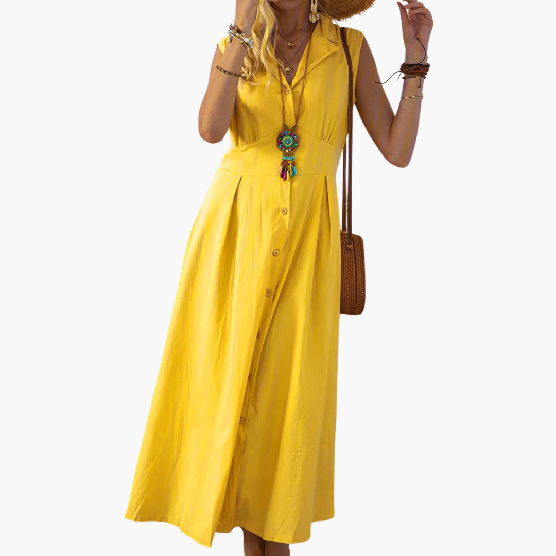 Womenâs Midi Dress with Button-Down Front and V-Neck