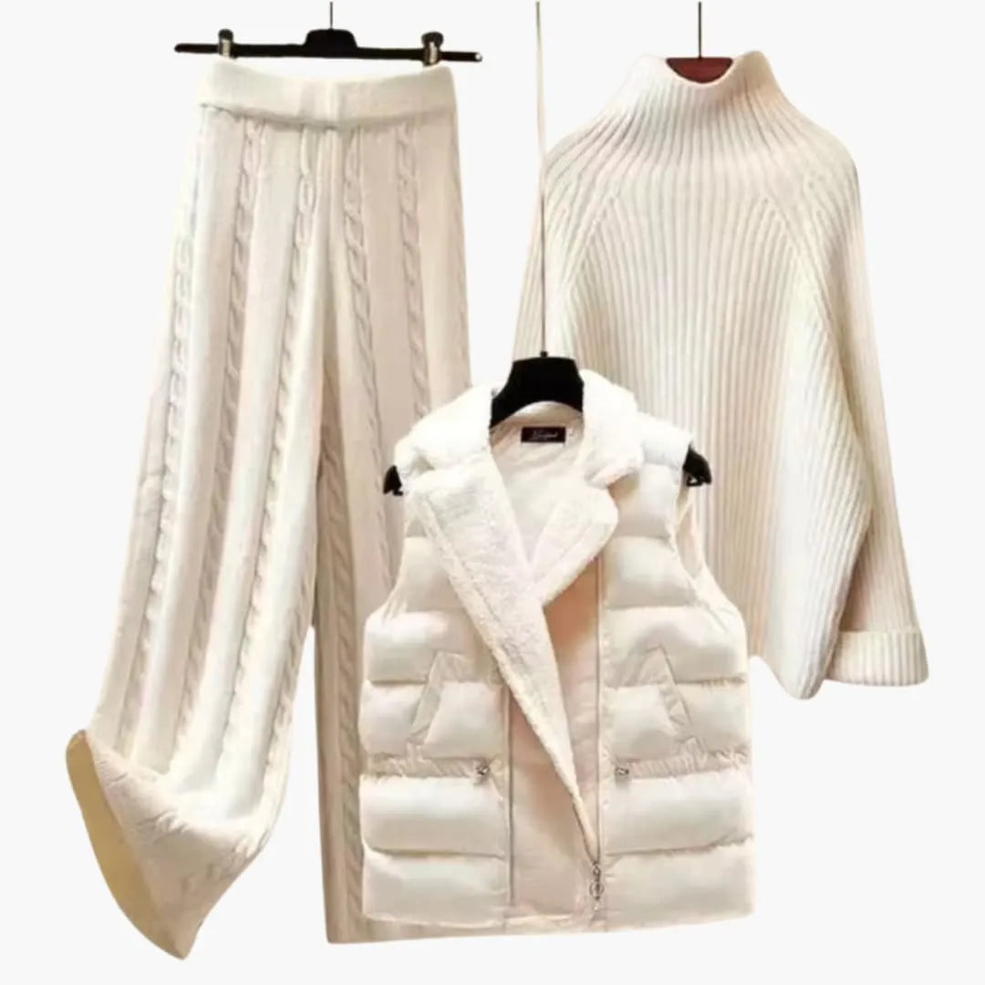 Womenâ€™s three-piece set with vest, cardigan and trousers
