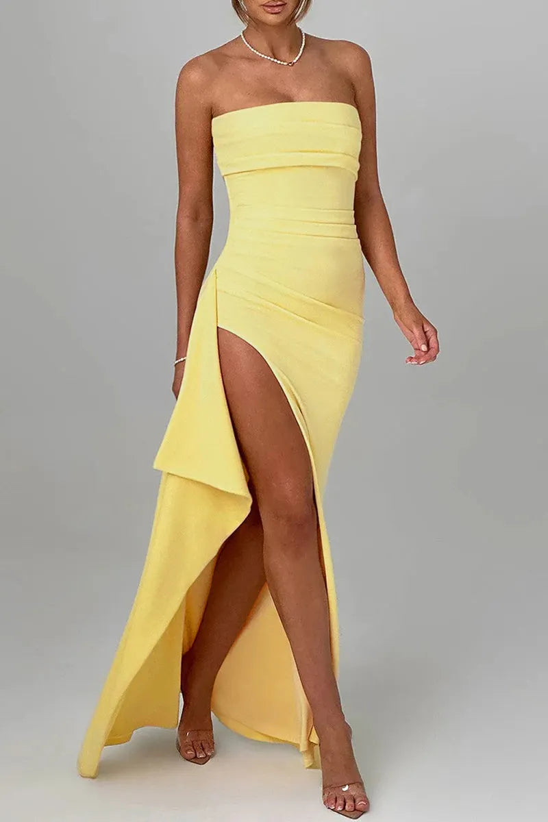 Sexy Slit Flounce Strapless Evening Dresses