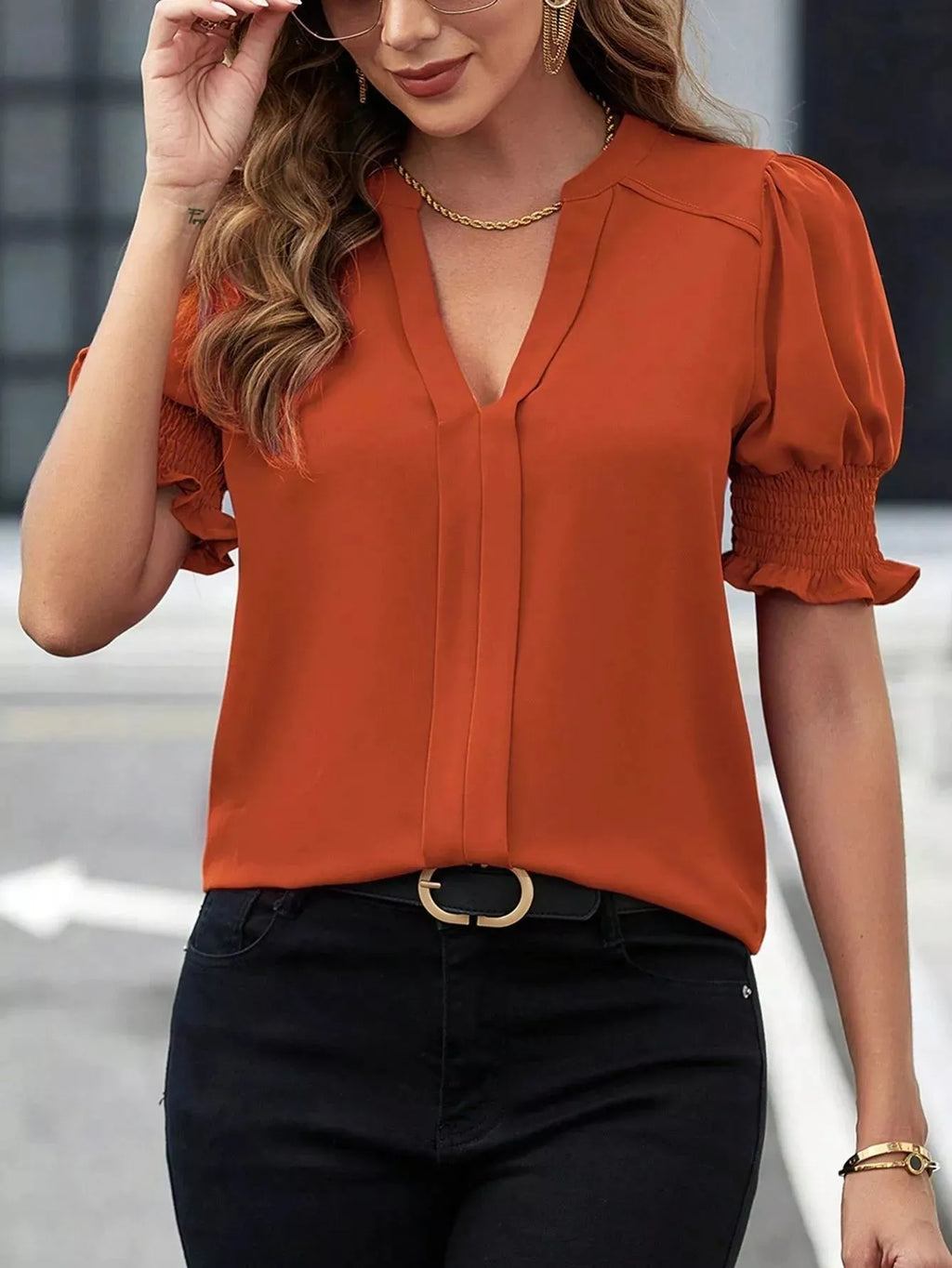 Notched Half Sleeve Blouse