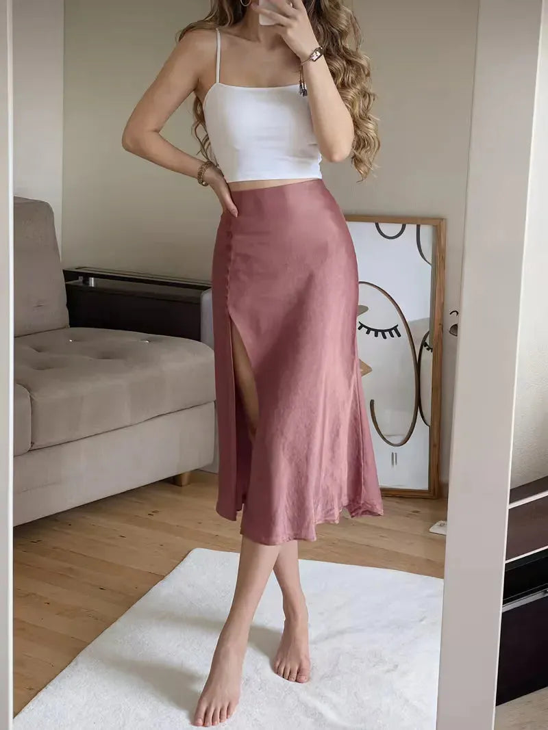 Satin Skirt for Women with High Split and Knot Details