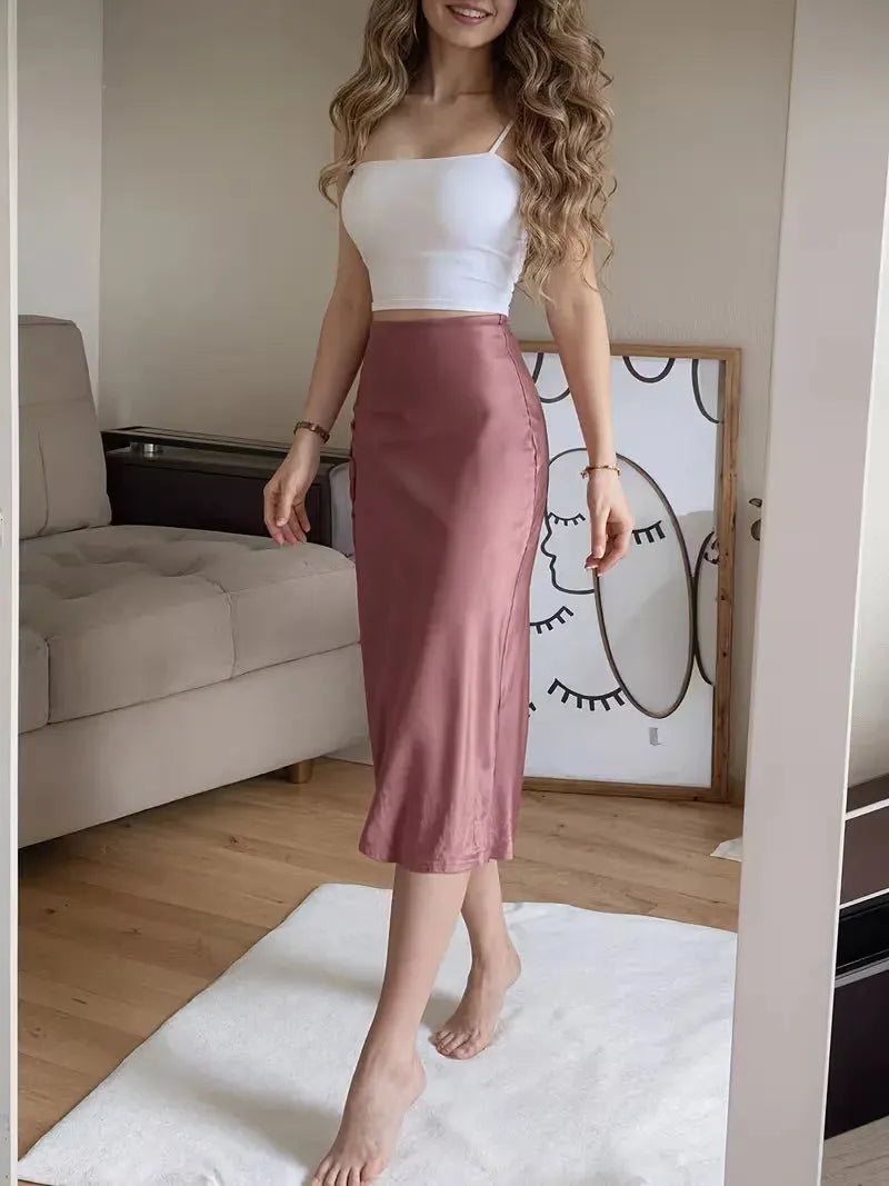 Satin Skirt for Women with High Split and Knot Details