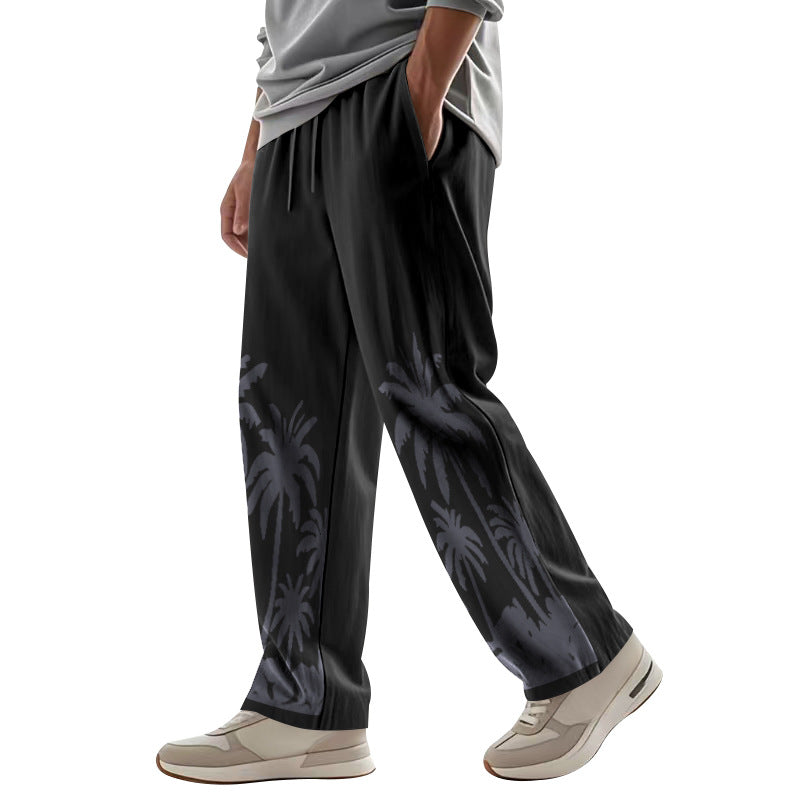 Herren nan weite Freizeit-Hose aus Baumwoll-Leinen-Mix mit Palmenprint, Elastikbund und Kordelzug