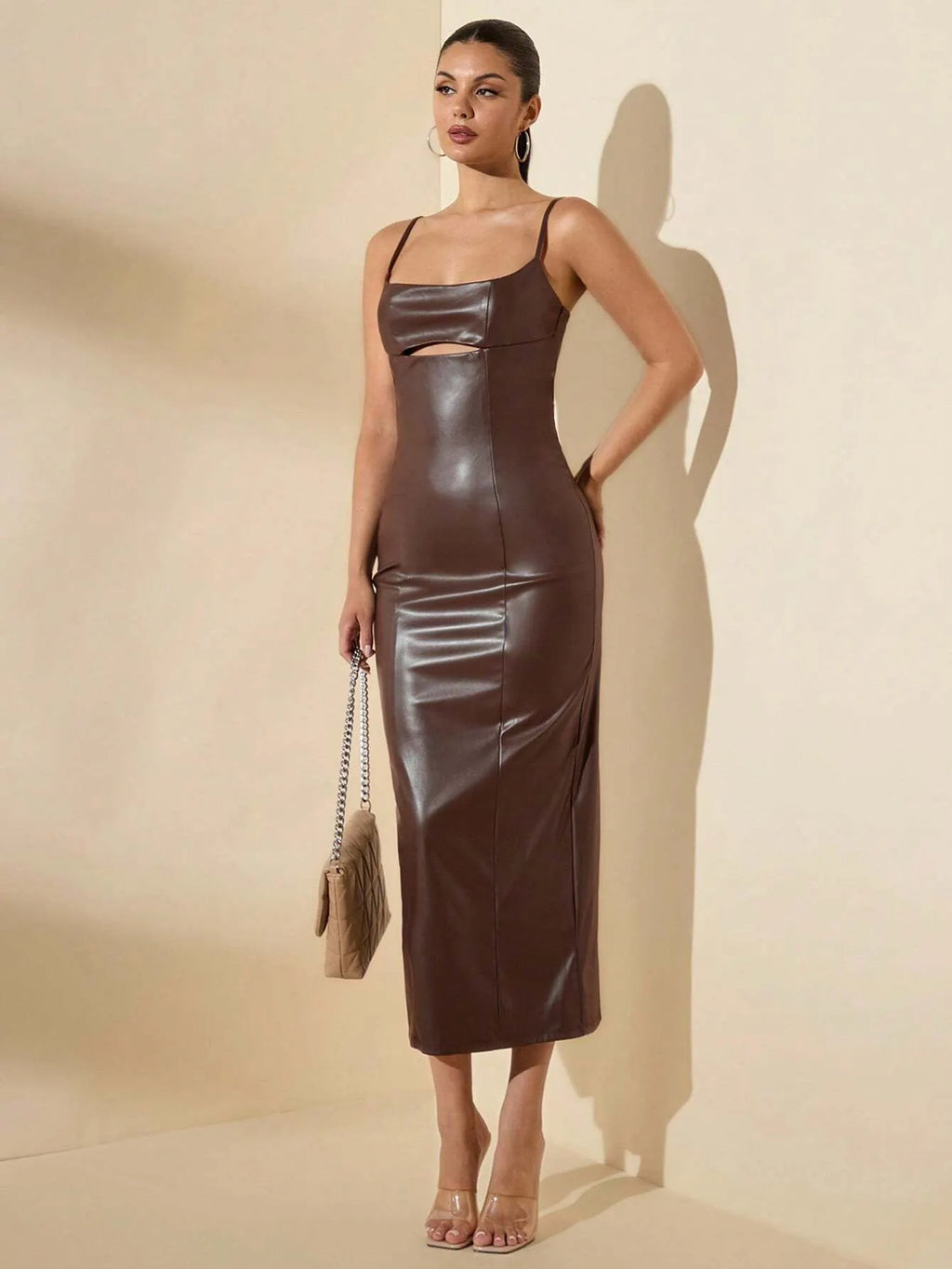 Vestido Midi em Couro Marrom Iolanda