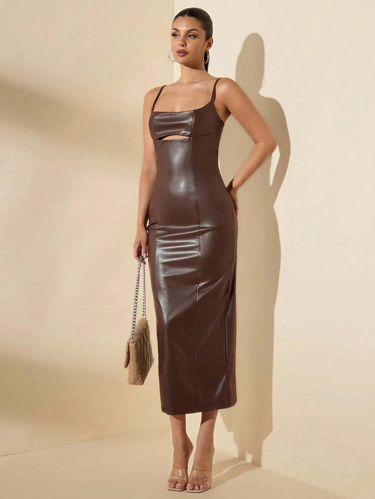 Vestido Midi em Couro Marrom Iolanda