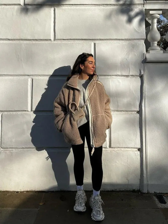 Damen Teddyjacke Warm Oversized Mit Reißverschluss