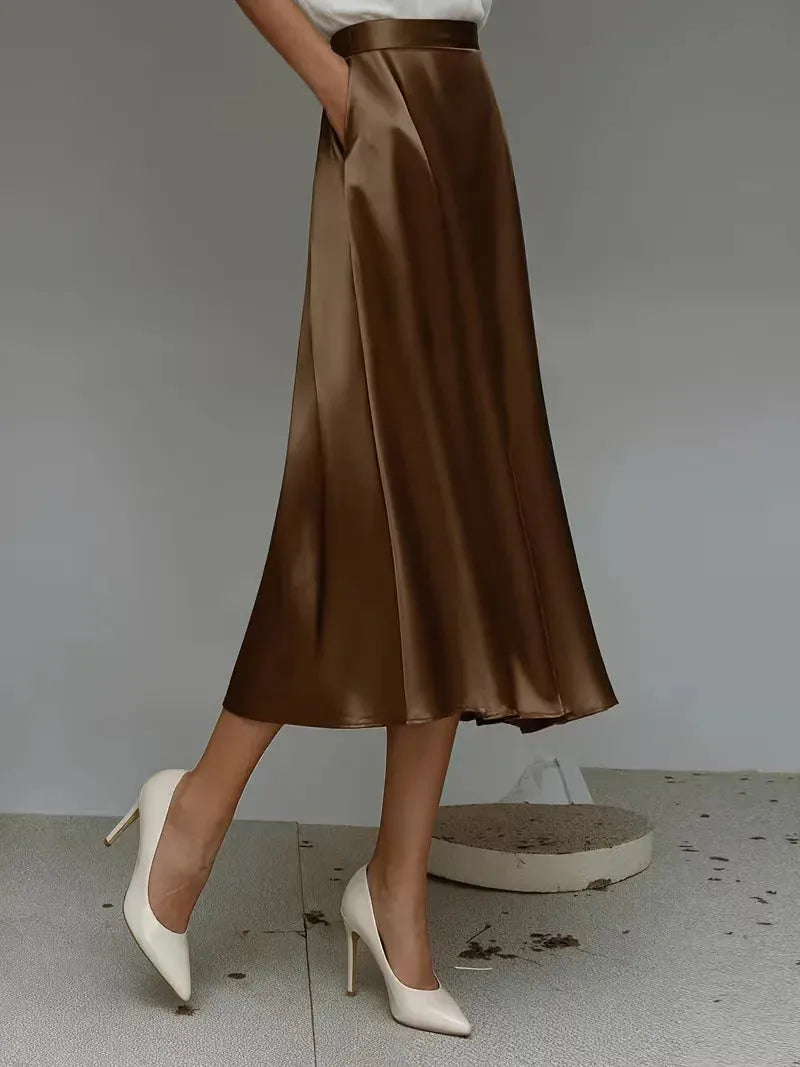 Satin Skirt for Women with High Waist and Midi Length