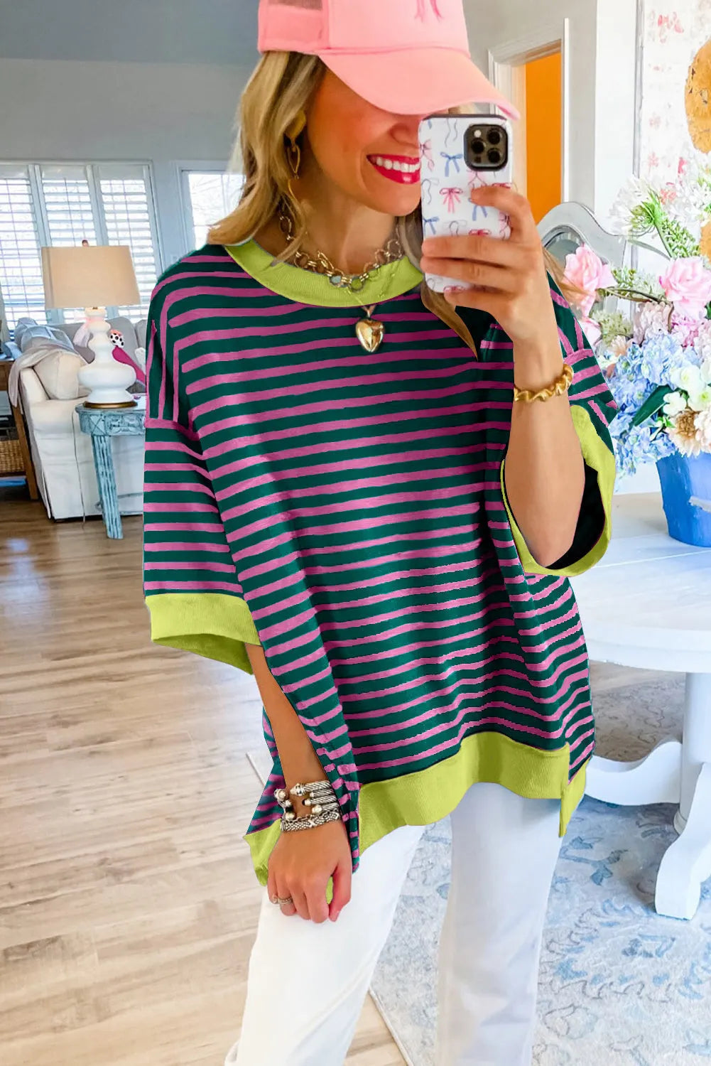 ISA | Gestreept Loose Fit T-Shirt Voor Dames Met Contrast Trim En Wijde Mouwen – Comfortabel, Casual, Stijlvol