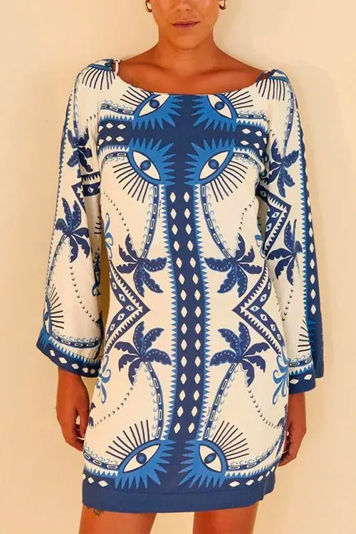 Long Sleeves Printed Mini Shift Dress