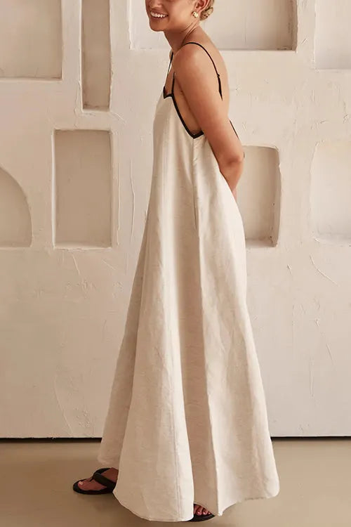 Adjustable Strap Backless Cotton Linen Maxi Dress