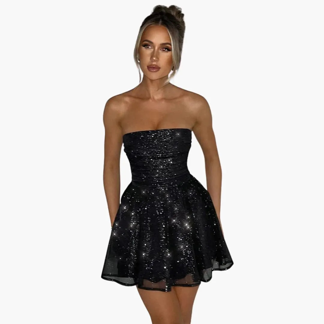 Womenâ€™s mini dress with bandeau neckline and flared skirt