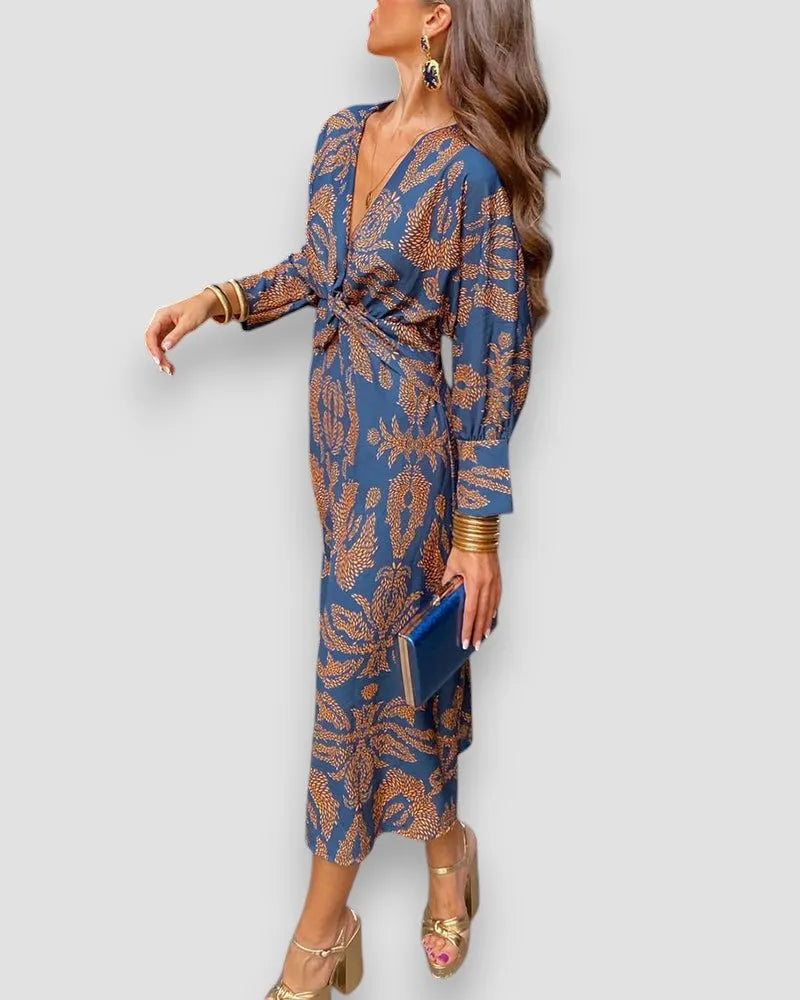 Bedrucktes Langarmkleid – V-Ausschnitt mit Knotendetail