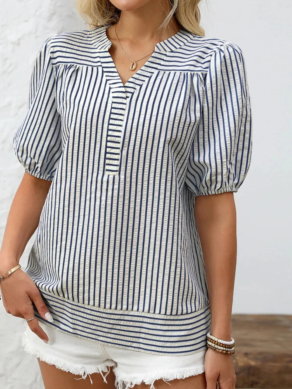 Striped Notched Puff Sleeve Blouse
