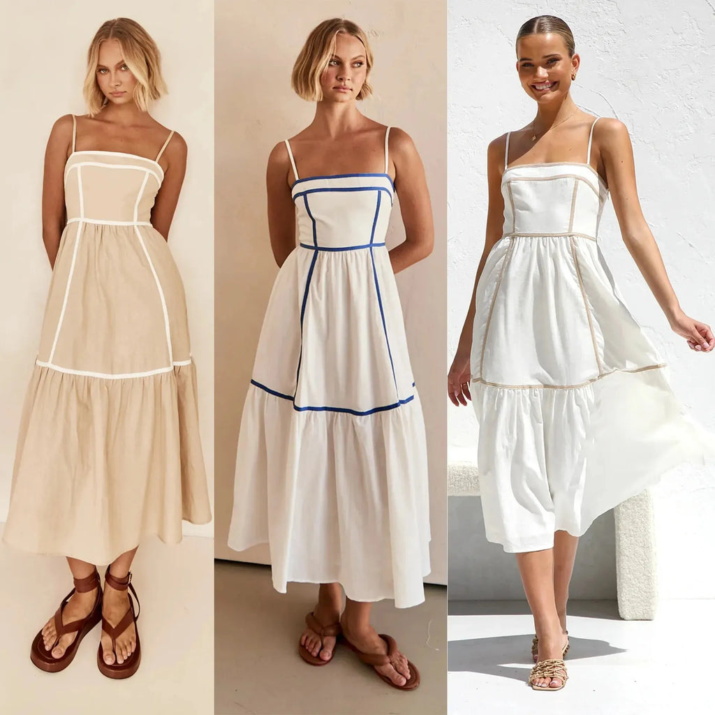 YVIE | Mouwloze Midi Jurk Met Contrastbiezen En Zwierige Rok – Licht, Elegant, Zomers