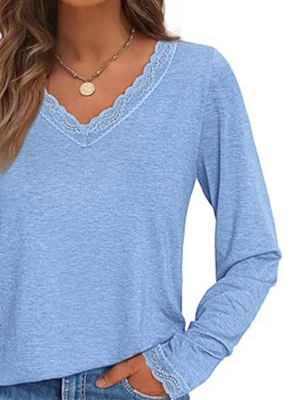 Lace Trim V-Neck Long Sleeve T-Shirt