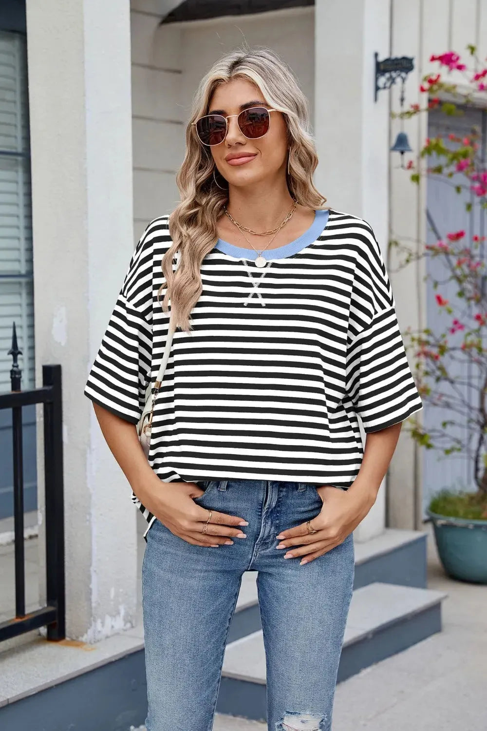 Contrast Striped Round Neck Half Sleeve T-Shirt