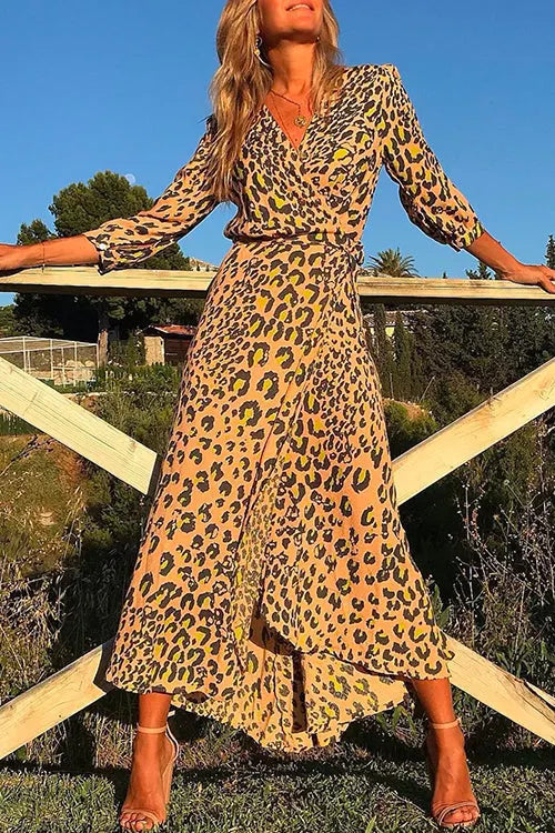 3/4 Sleeve Wrap V Neck Leopard Printed Dress