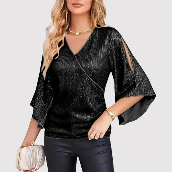 Women's Elegant Blouse with V-Neck and Wide Sleeves
