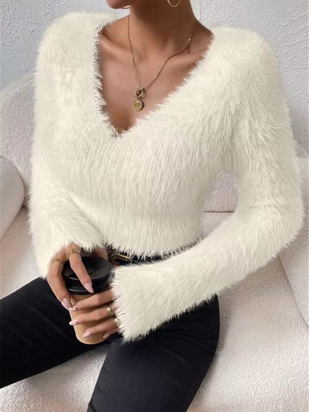 Fluffy Knit V-Neck Sweater
