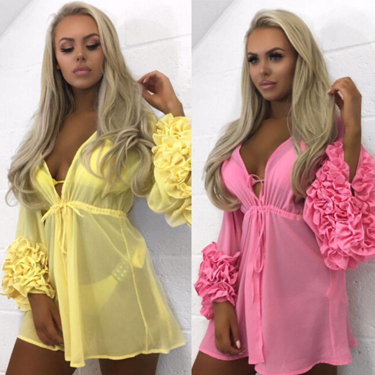 Sexy Long Sleeve Solid Color Swimwear Bikini Cover Up