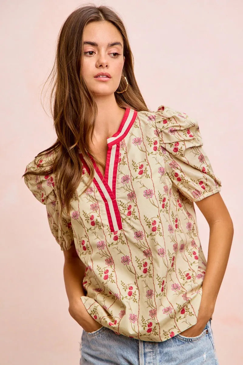 BiBi Floral Gather Sleeves Contrast Neckband Blouse Top