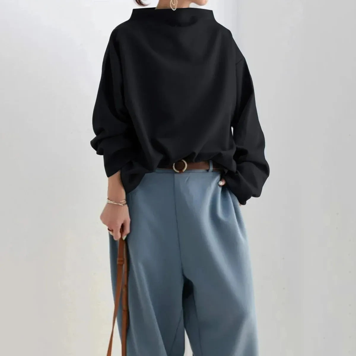 - Damen minimalistisches lockeres schwarzes Oberteil für vielseitigen Stil