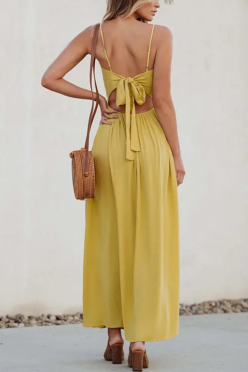 Twist V Neck Tie Back Cut Out Swing Maxi Cami Dress
