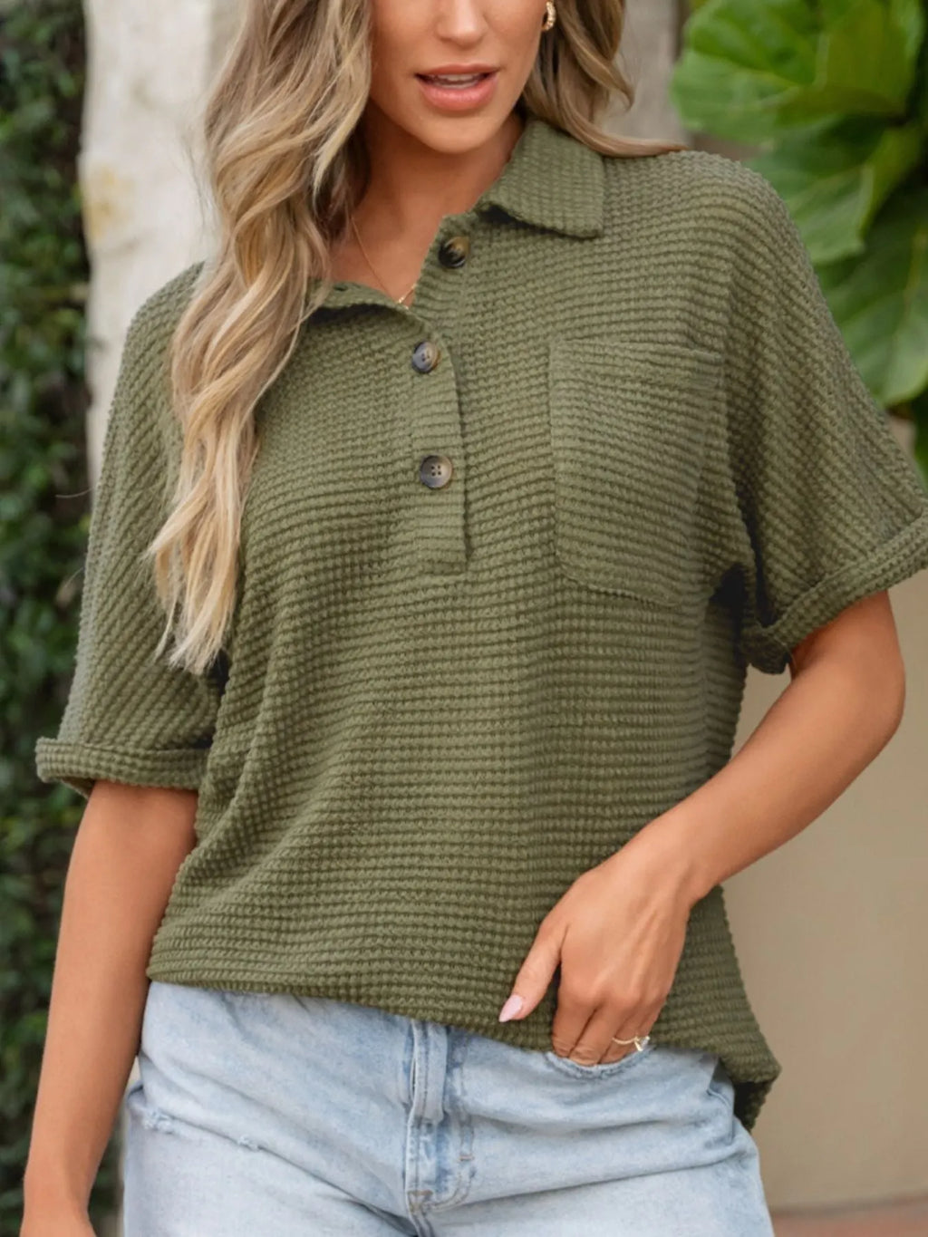 Textured Knit Button Detail Top