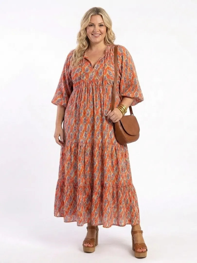 Amara | Geometric Print V Neck Tiered Midi Dress