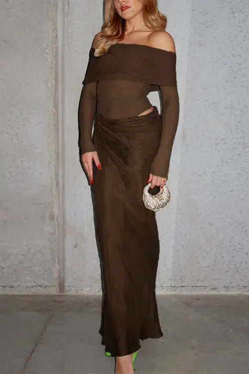 Off Shoulder Long Sleeves Mesh Splice Maxi Dress
