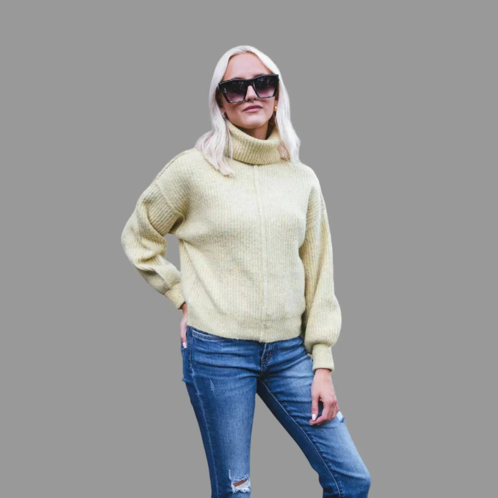 Knitted Yellow Women's Turtleneck Sweater with Long Sleeves