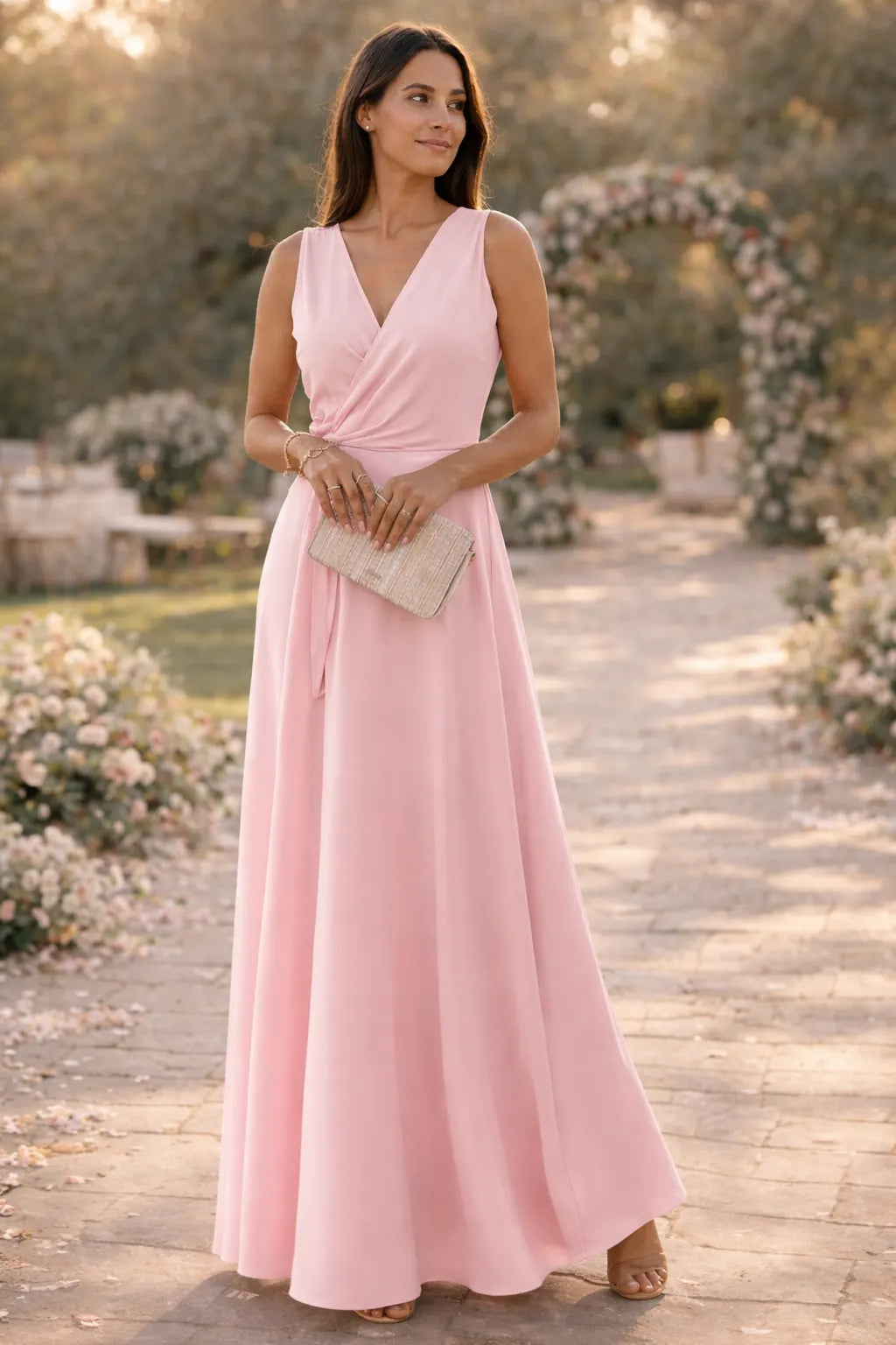 Maxikleid Damen lang elegant V-Ausschnitt ärmellos