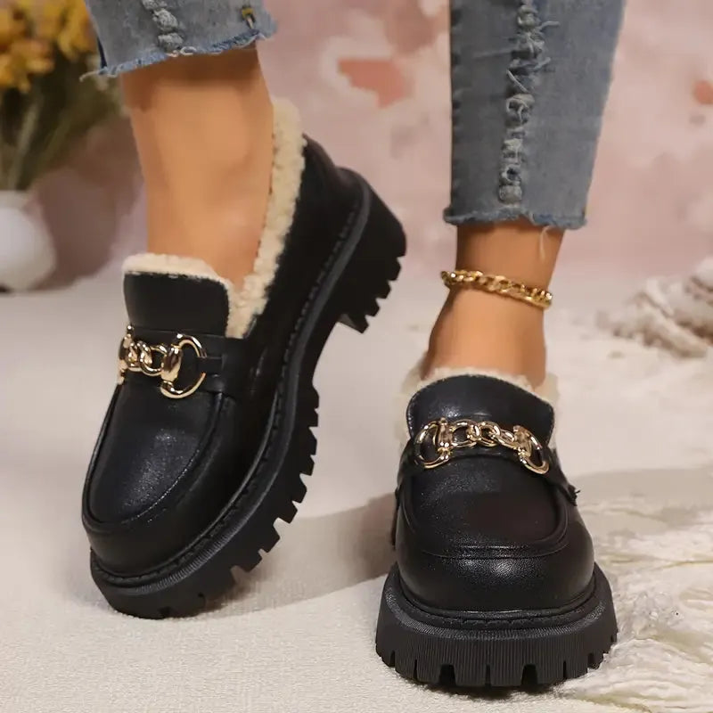 Warm Black Women's Loafers with Fur Lining