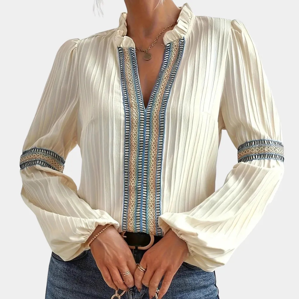 Elegant Beige Women's Bohemian Blouse with Long Sleeves