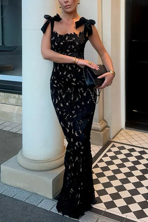 Bow Shoulder Lace Hollow Out Bodycon Maxi Cami Dress