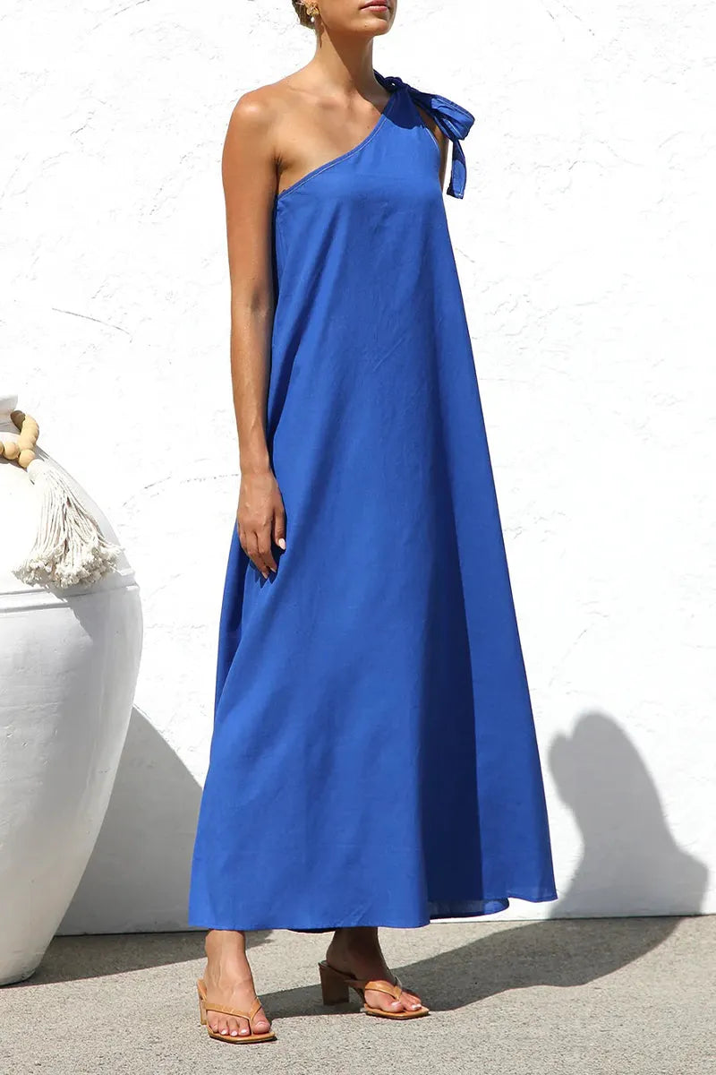 Casual Solid Color Lace Up Sloping Shoulder Irregular Dresses