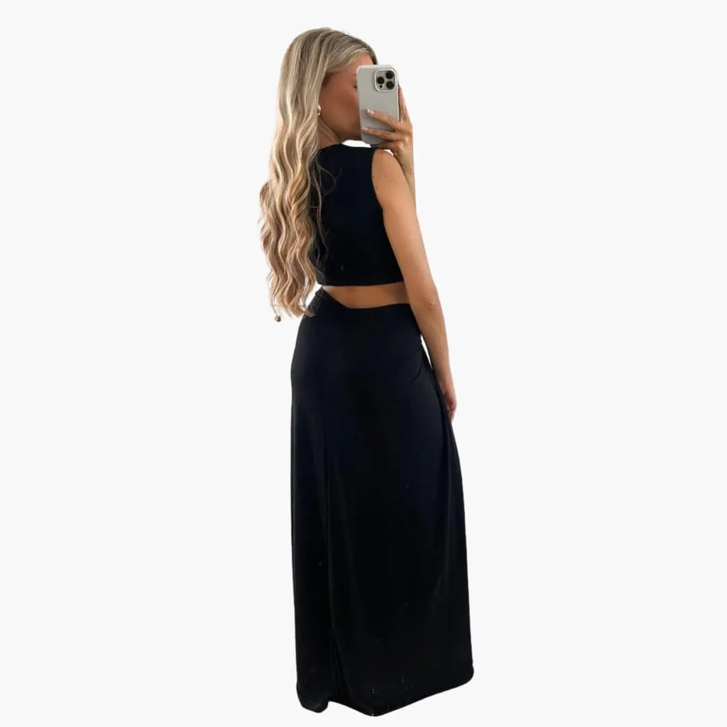 Women's High-Slit Maxi Dress with V-Neck and Cut-Out Detail
