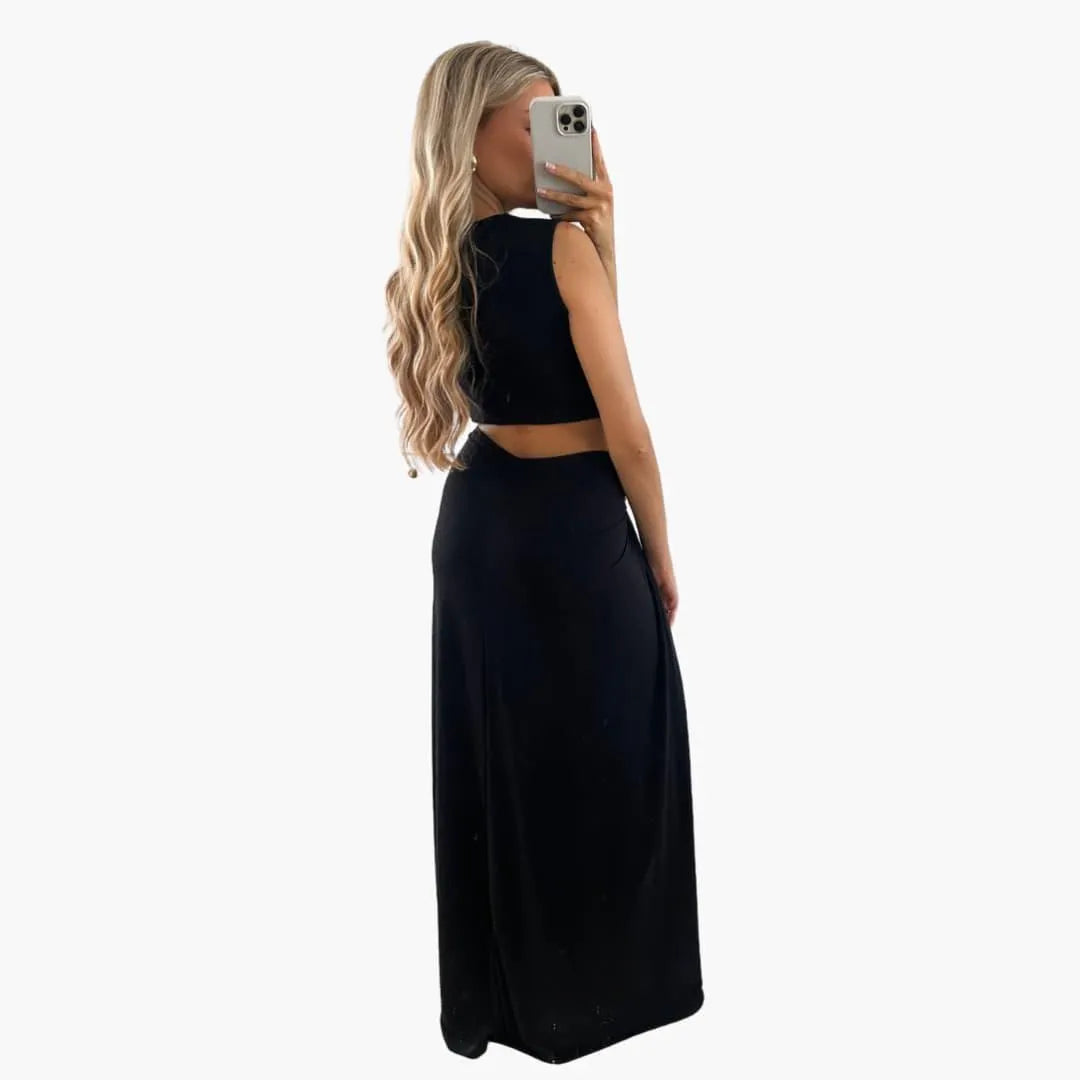 Women's High-Slit Maxi Dress with V-Neck and Cut-Out Detail