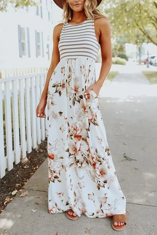 Stripes Splice Floral Printed Maxi Dress