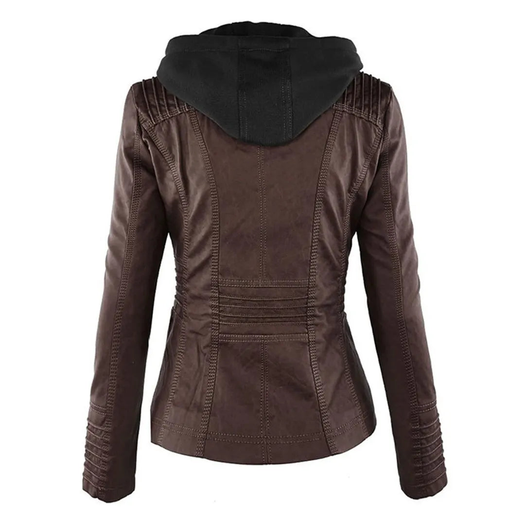 - Damen Lederjacke mit Kapuze