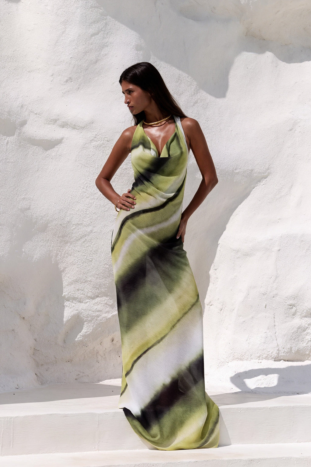 Maxi Kleid – Drapierter Ausschnitt, Tie-Dye