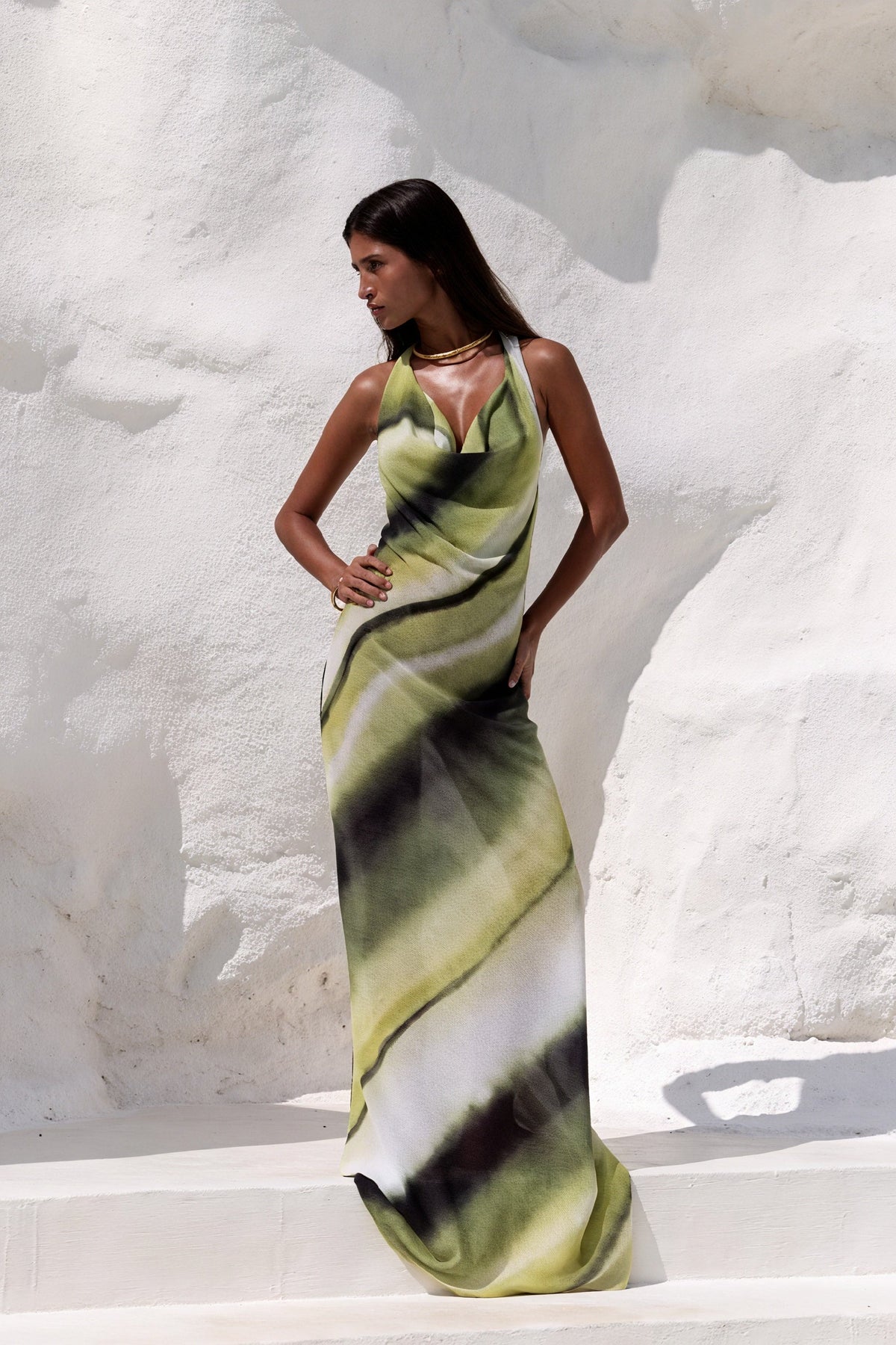 Maxi Kleid – Drapierter Ausschnitt, Tie-Dye