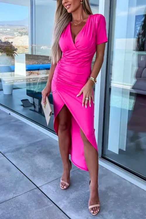 V Neck Short Sleeves Ruched Solid Irregular Dress