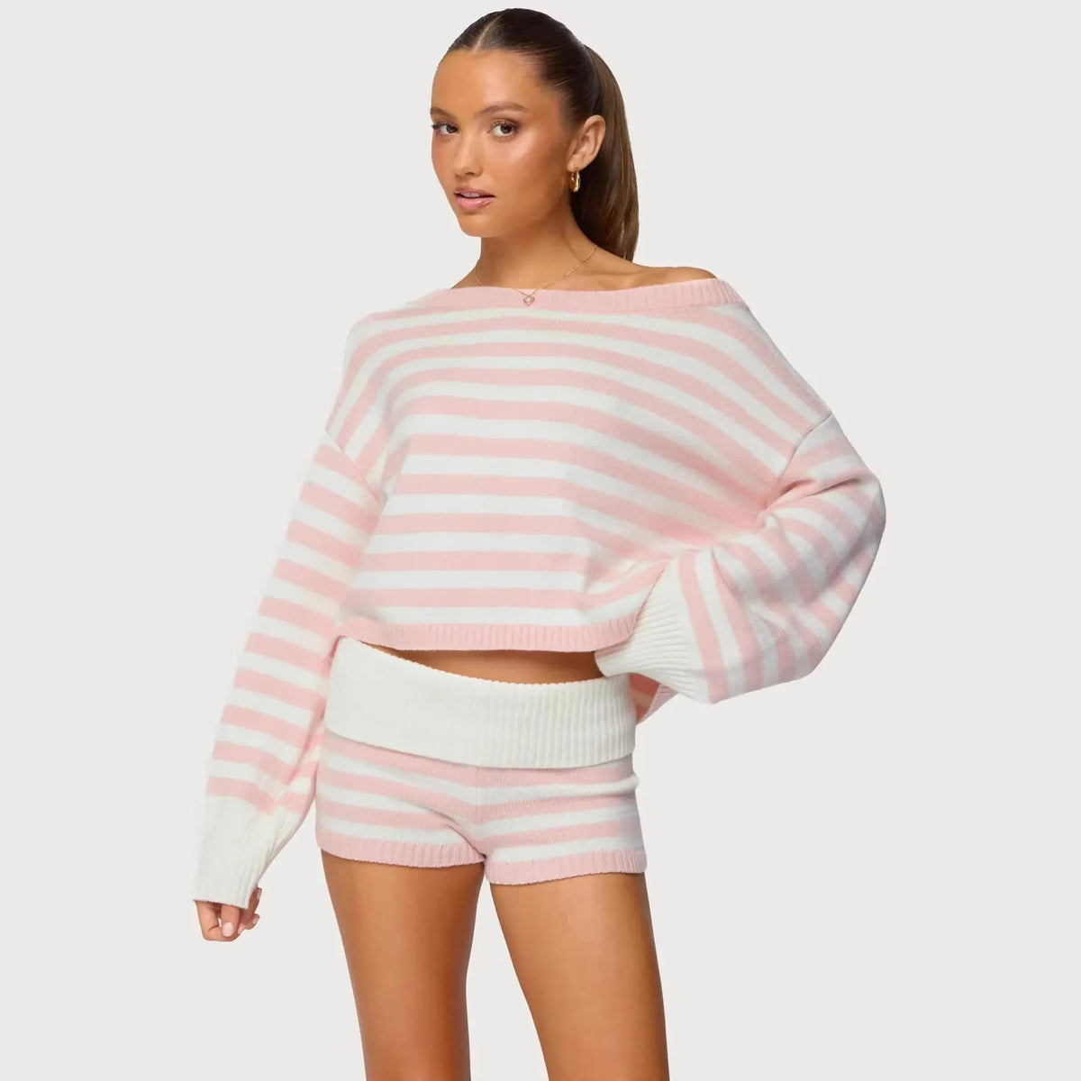 Oversized Women's Co-ord Set with Striped Sweater and Shorts