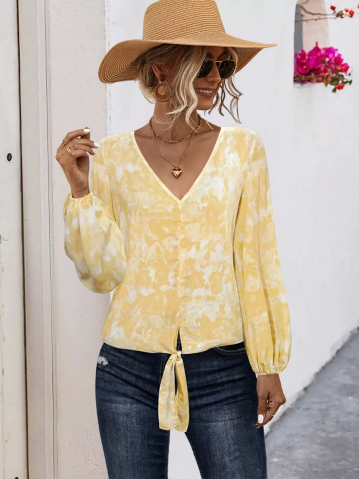 V-Neck Long Sleeve Tie-Front Blouse