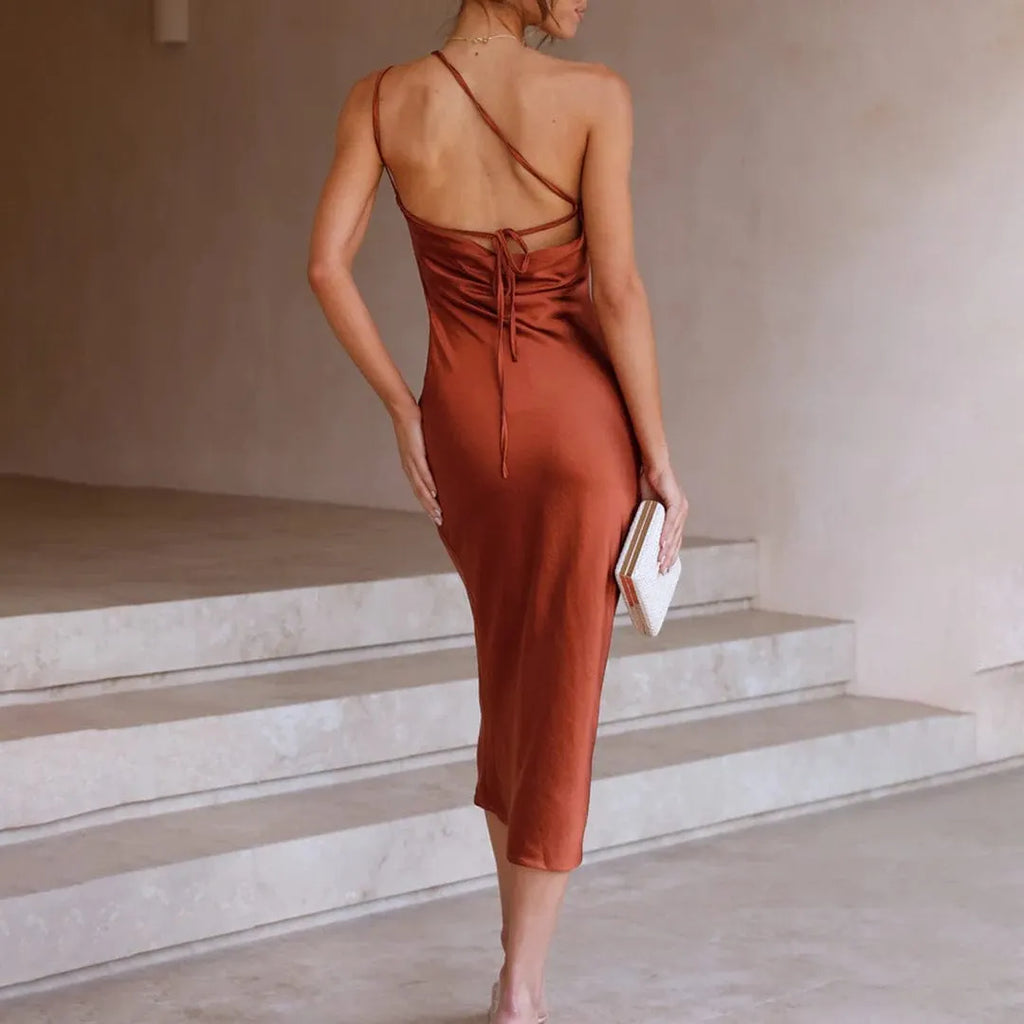 Barb | Satin Midi Dress with Spaghetti Strap