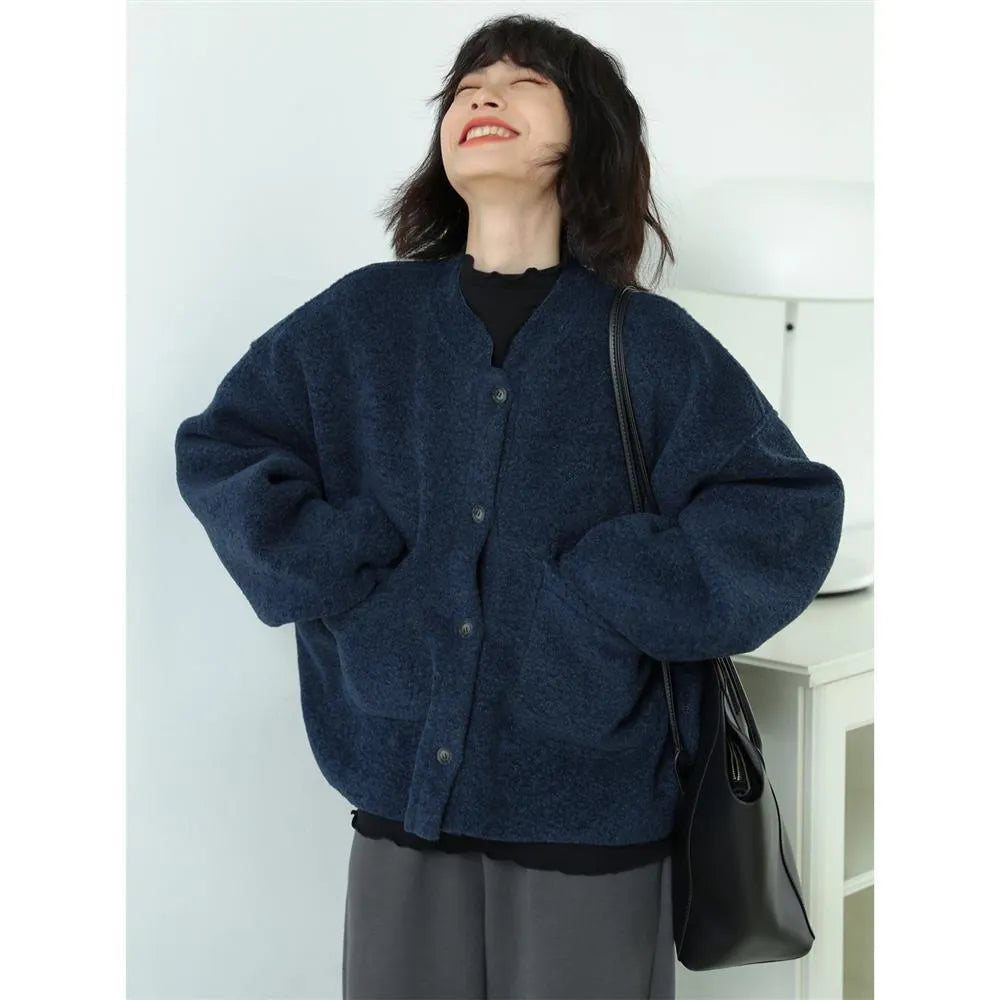 Lässig Lang Ärmel Taschen Blau Jacke