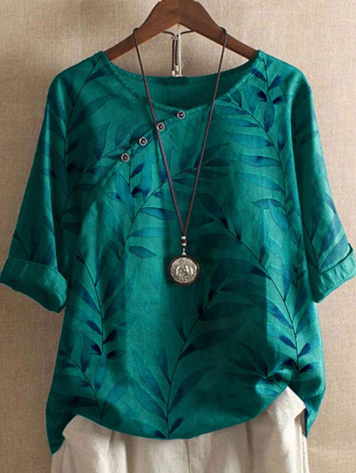 Cotton and Linen Botanical Print Crew Neck Loose Shirt