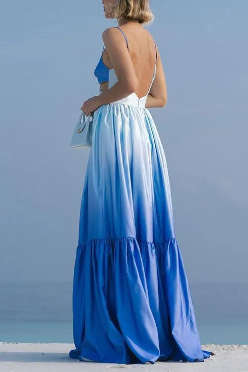 Backless Cut Out Gradient Tie Dye Ruffle Maxi Cami Dress