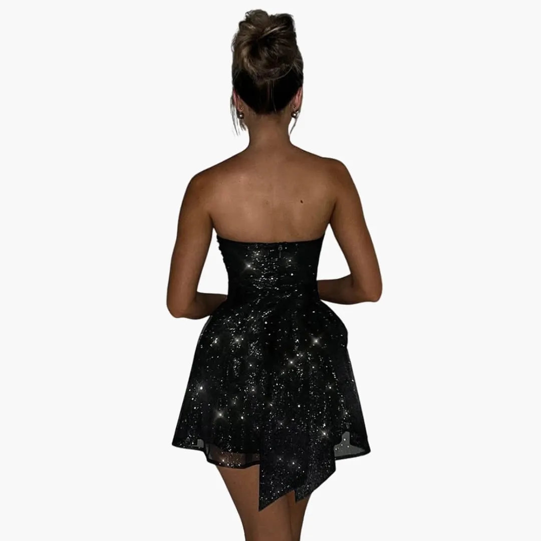 Womenâ€™s mini dress with bandeau neckline and flared skirt